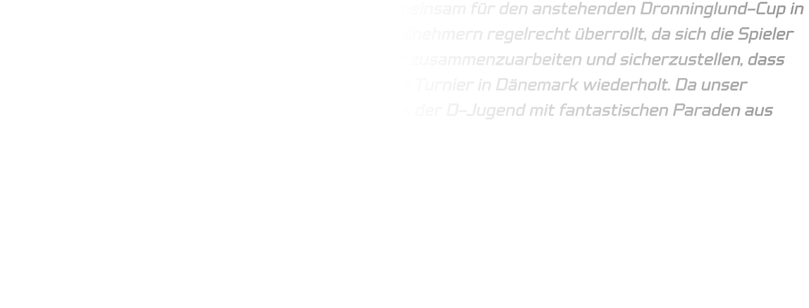 Beim HVE Cup spielte die Mannschaft erstmals gemeinsam für den anstehenden Dronninglund-Cup in Dänemark. Jedoch wurden wir von den anderen Teilnehmern regelrecht überrollt, da sich die Spieler noch fremd waren. Es ist daher unerlässlich besser zusammenzuarbeiten und sicherzustellen, dass das Geschehene in Schwerte sich nicht erneut beim Turnier in Dänemark wiederholt. Da unser Torwart krankheitsbedingt ausfiel half uns Karl aus der D-Jugend mit fantastischen Paraden aus sowie auch Jan an der Außenposition.