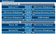 Spielübersicht  Hjallerup IF 2 09:45 HSG Annen-Rüdinghausen FELD 4 DEN GER Montag 07.07.2025   HSG Annen-Rüdinghausen 12:05 Yuansheng Elementary School FELD 6 GER TWN HSG Annen-Rüdinghausen 14:25 ACBB Handball FELD 2 GER FRA Bonner JSG 09:10 HSG Annen-Rüdinghausen FELD 16 GER GER Dienstag 08.07.2025   Sporting Pelt 11:30 HSG Annen-Rüdinghausen FELD 6 BEL GER