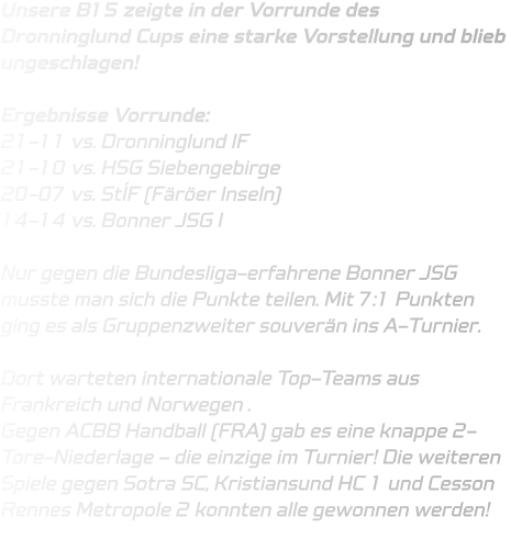 Unsere B15 zeigte in der Vorrunde des Dronninglund Cups eine starke Vorstellung und blieb ungeschlagen!  Ergebnisse Vorrunde: 21-11 vs. Dronninglund IF 21-10 vs. HSG Siebengebirge 20-07 vs. StÍF (Färöer Inseln) 14-14 vs. Bonner JSG I  Nur gegen die Bundesliga-erfahrene Bonner JSG musste man sich die Punkte teilen. Mit 7:1 Punkten ging es als Gruppenzweiter souverän ins A-Turnier.  Dort warteten internationale Top-Teams aus Frankreich und Norwegen . Gegen ACBB Handball (FRA) gab es eine knappe 2-Tore-Niederlage – die einzige im Turnier! Die weiteren Spiele gegen Sotra SC, Kristiansund HC 1 und Cesson Rennes Metropole 2 konnten alle gewonnen werden!