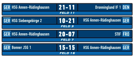 FELD 11 GER DEN HSG Annen-Rüdinghausen Dronninglund IF 1 21-11    FELD 3 GER GER HSG Siebengebirge 2 HSG Annen-Rüdinghausen  10-21    FELD 7 GER FRO HSG Annen-Rüdinghausen STIF 20-07    FELD 16 GER GER Bonner JSG 1		 HSG Annen-Rüdinghausen 15-15